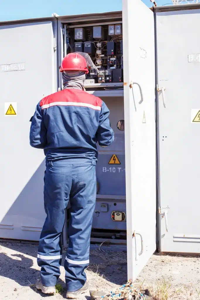 Électricien travaillant sur une armoire électrique en extérieur, portant un casque rouge pour des raisons de sécurité.